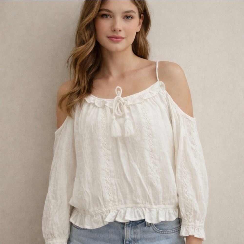 Lucky Brand Off Shoulder Peasant Top Small Off White Raffle Neckline Lace Detail